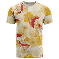 Beige Palaka Hawaii Aloha T Shirt Koi Pond Mix Ilima Flowers - Polynesian Pride