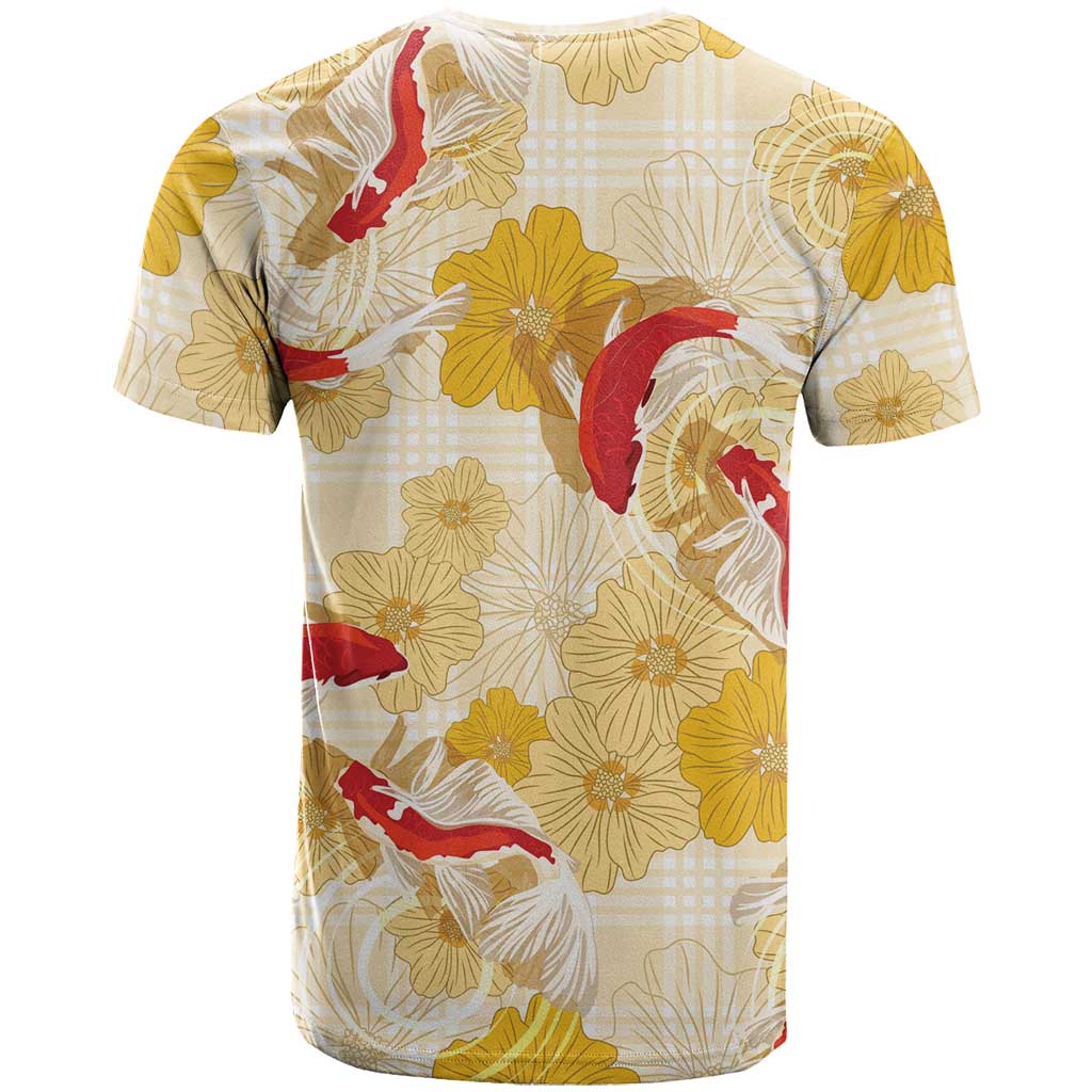 Beige Palaka Hawaii Aloha T Shirt Koi Pond Mix Ilima Flowers - Polynesian Pride