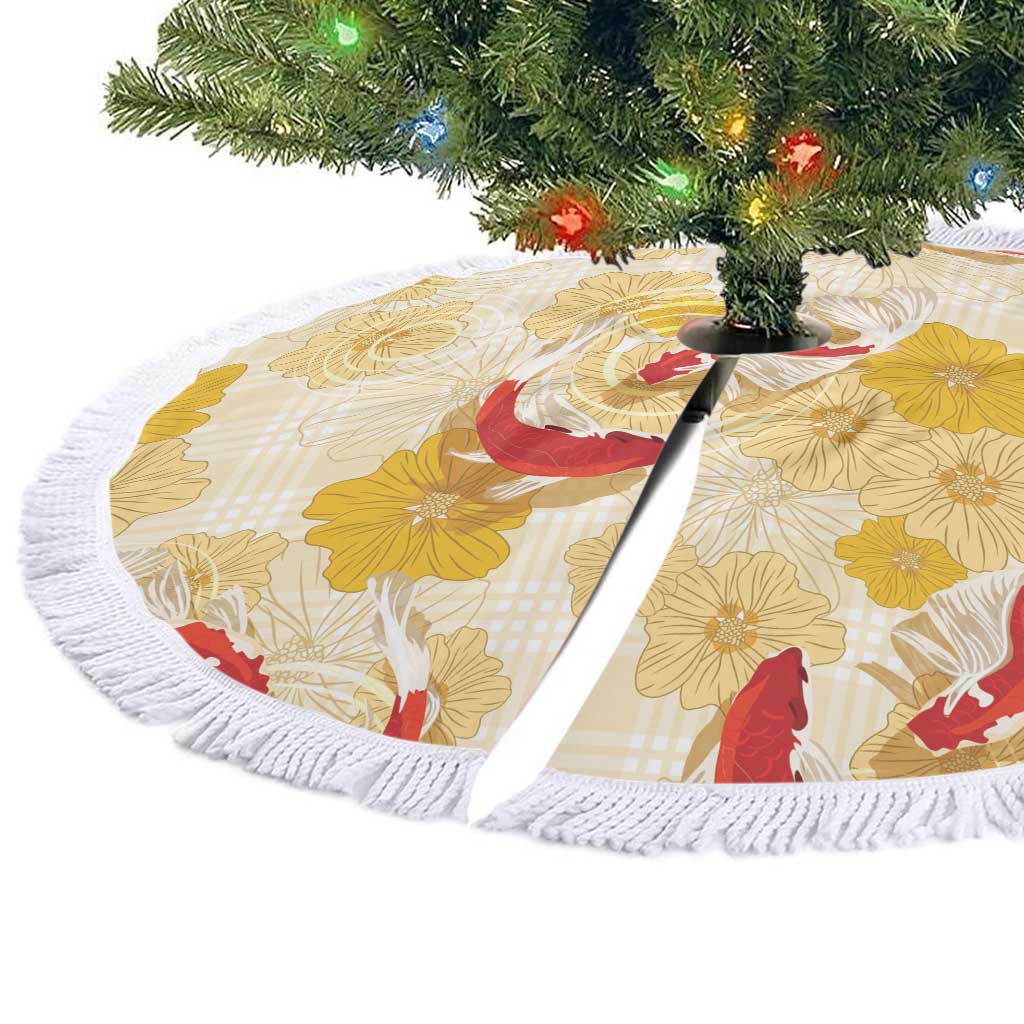 Beige Palaka Hawaii Aloha Tree Skirt Koi Pond Mix Ilima Flowers - Polynesian Pride