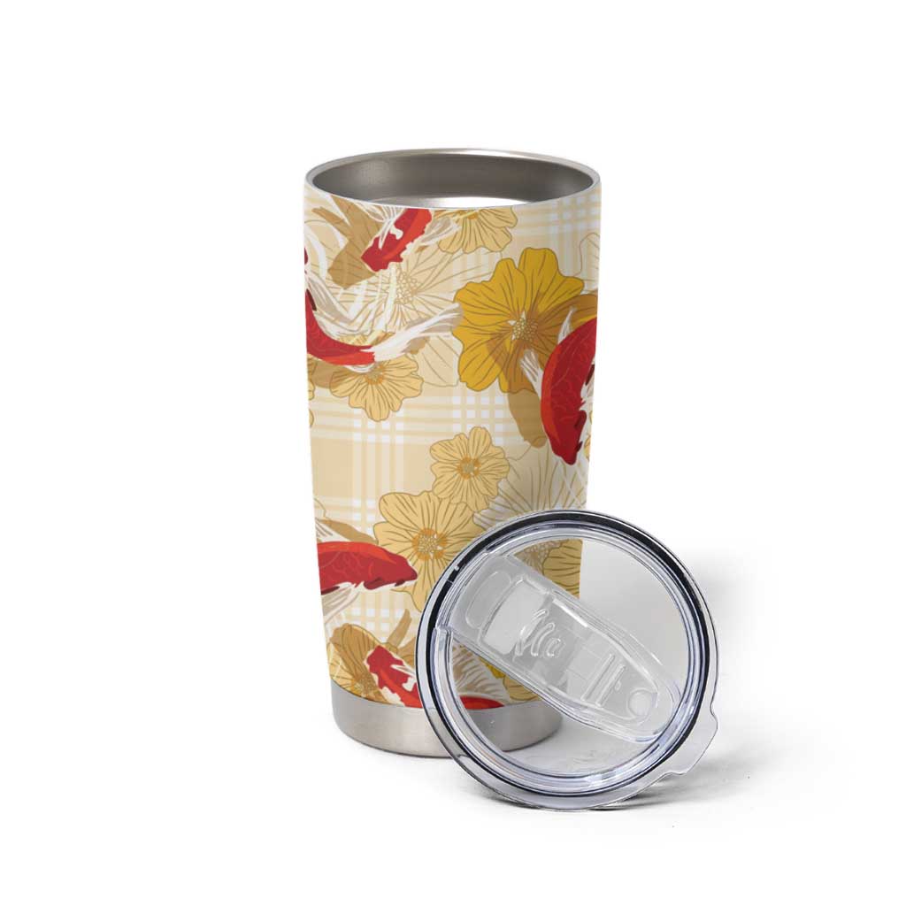 Beige Palaka Hawaii Aloha Tumbler Cup Koi Pond Mix Ilima Flowers - Polynesian Pride