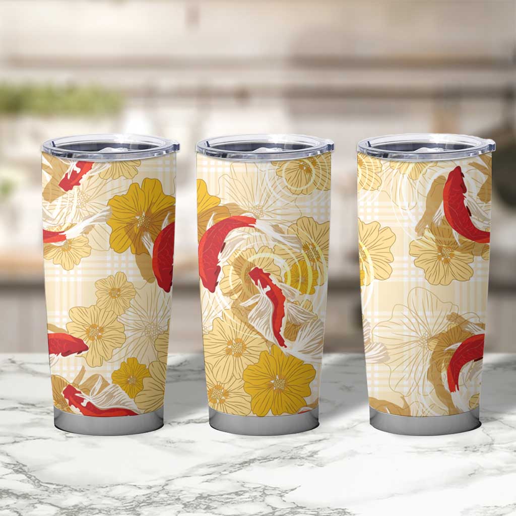 Beige Palaka Hawaii Aloha Tumbler Cup Koi Pond Mix Ilima Flowers - Polynesian Pride