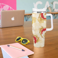 Beige Palaka Hawaii Aloha Tumbler With Handle Koi Pond Mix Ilima Flowers - Polynesian Pride