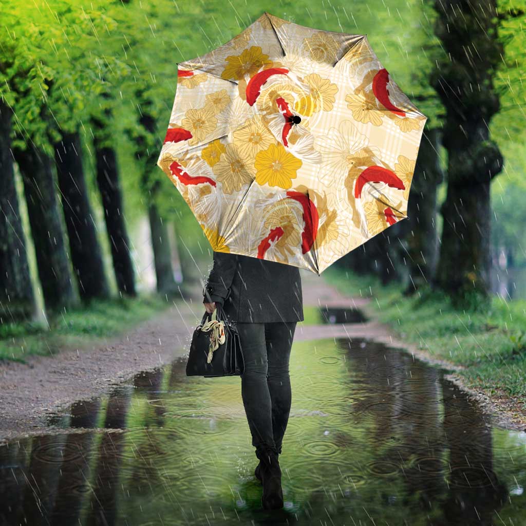 Beige Palaka Hawaii Aloha Umbrella Koi Pond Mix Ilima Flowers - Polynesian Pride