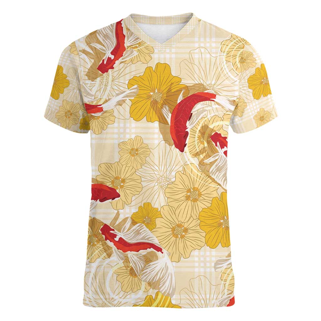 Beige Palaka Hawaii Aloha Women V-Neck T-Shirt Koi Pond Mix Ilima Flowers - Polynesian Pride