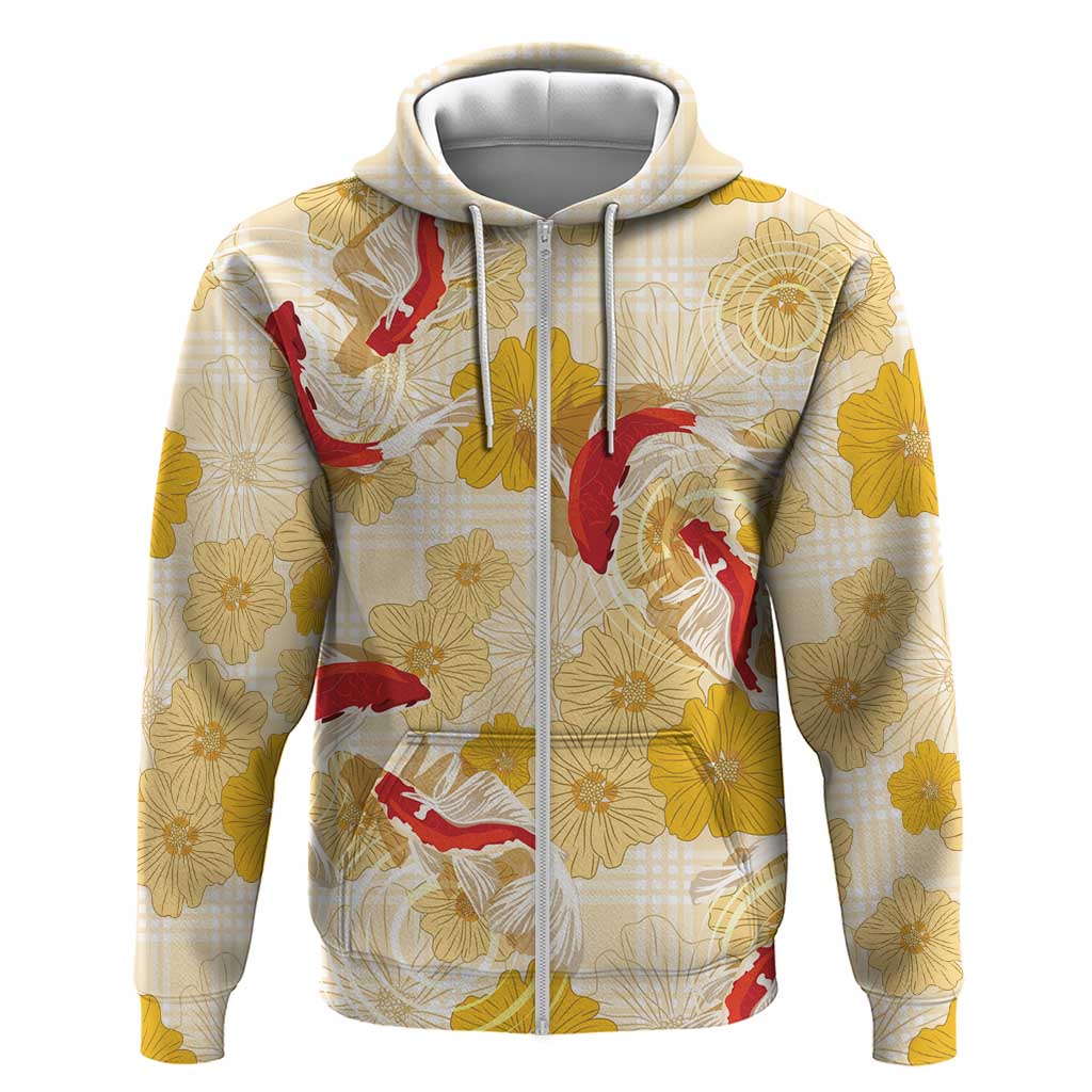 Beige Palaka Hawaii Aloha Zip Hoodie Koi Pond Mix Ilima Flowers - Polynesian Pride
