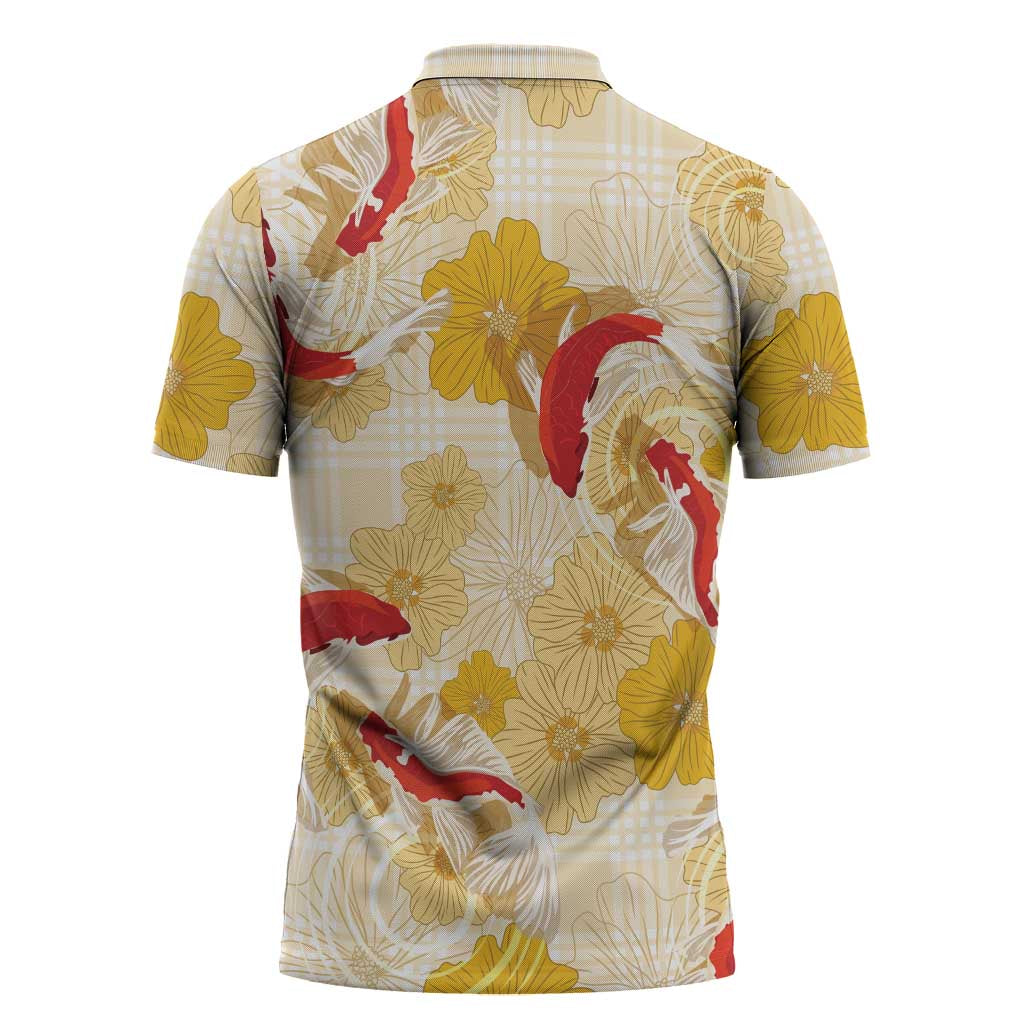 Beige Palaka Hawaii Aloha Zipper Polo Shirt Koi Pond Mix Ilima Flowers - Polynesian Pride