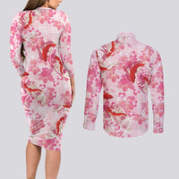 Pink Palaka Hawaii Aloha Couples Matching Long Sleeve Bodycon Dress and Long Sleeve Button Shirt Koi Pond Mix Sakura - Polynesian Pride