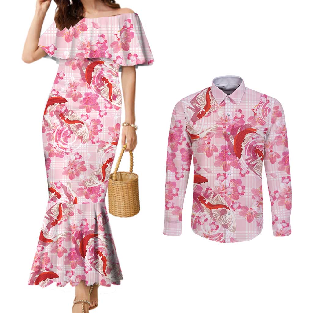 Pink Palaka Hawaii Aloha Couples Matching Mermaid Dress and Long Sleeve Button Shirt Koi Pond Mix Sakura - Polynesian Pride