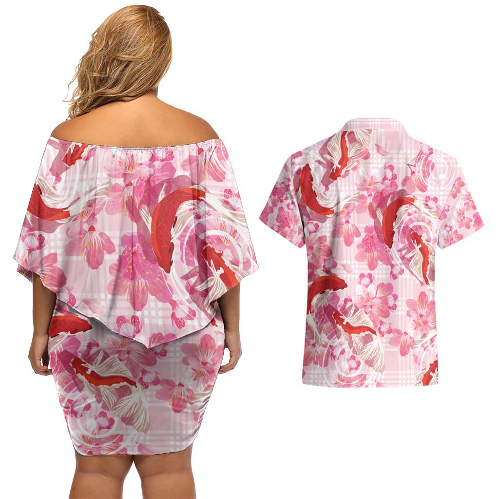 Pink Palaka Hawaii Aloha Couples Matching Off Shoulder Short Dress and Hawaiian Shirt Koi Pond Mix Sakura - Polynesian Pride
