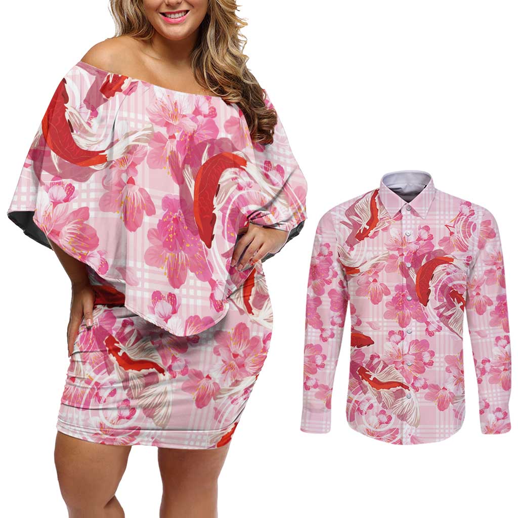 Pink Palaka Hawaii Aloha Couples Matching Off Shoulder Short Dress and Long Sleeve Button Shirt Koi Pond Mix Sakura - Polynesian Pride