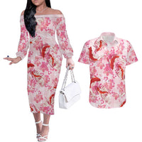 Pink Palaka Hawaii Aloha Couples Matching Off The Shoulder Long Sleeve Dress and Hawaiian Shirt Koi Pond Mix Sakura - Polynesian Pride