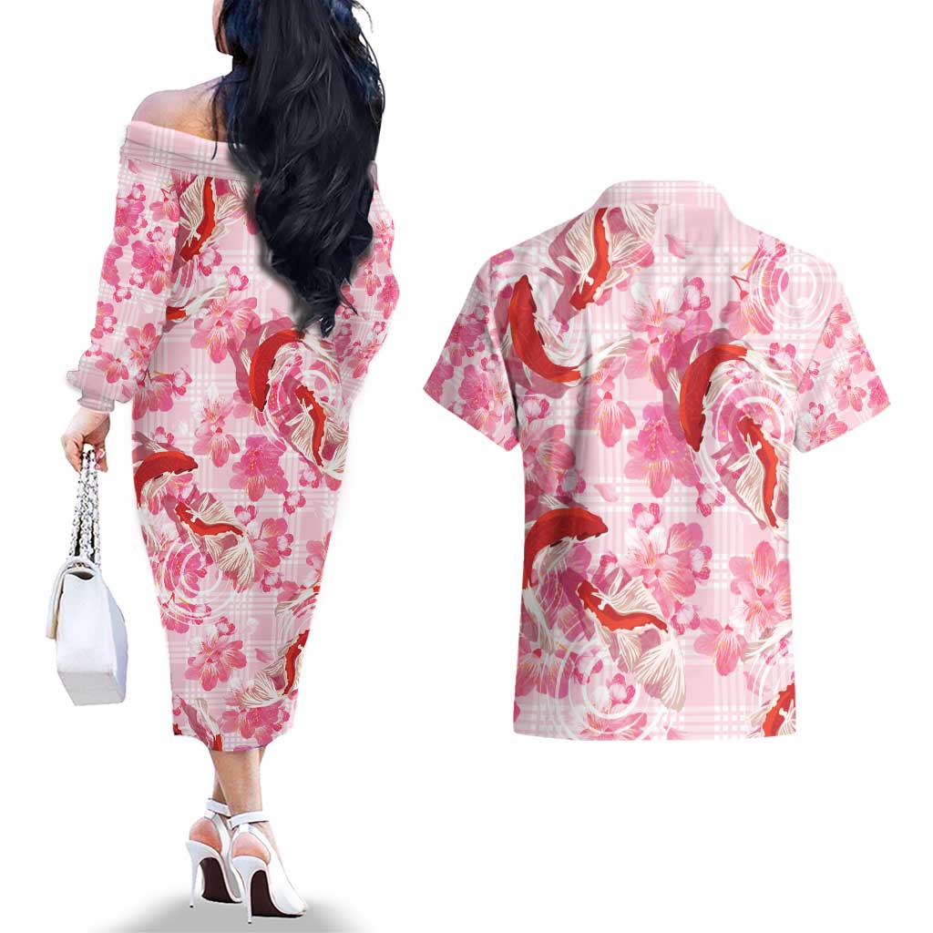 Pink Palaka Hawaii Aloha Couples Matching Off The Shoulder Long Sleeve Dress and Hawaiian Shirt Koi Pond Mix Sakura - Polynesian Pride