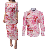 Pink Palaka Hawaii Aloha Couples Matching Puletasi and Long Sleeve Button Shirt Koi Pond Mix Sakura - Polynesian Pride