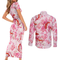 Pink Palaka Hawaii Aloha Couples Matching Short Sleeve Bodycon Dress and Long Sleeve Button Shirt Koi Pond Mix Sakura - Polynesian Pride