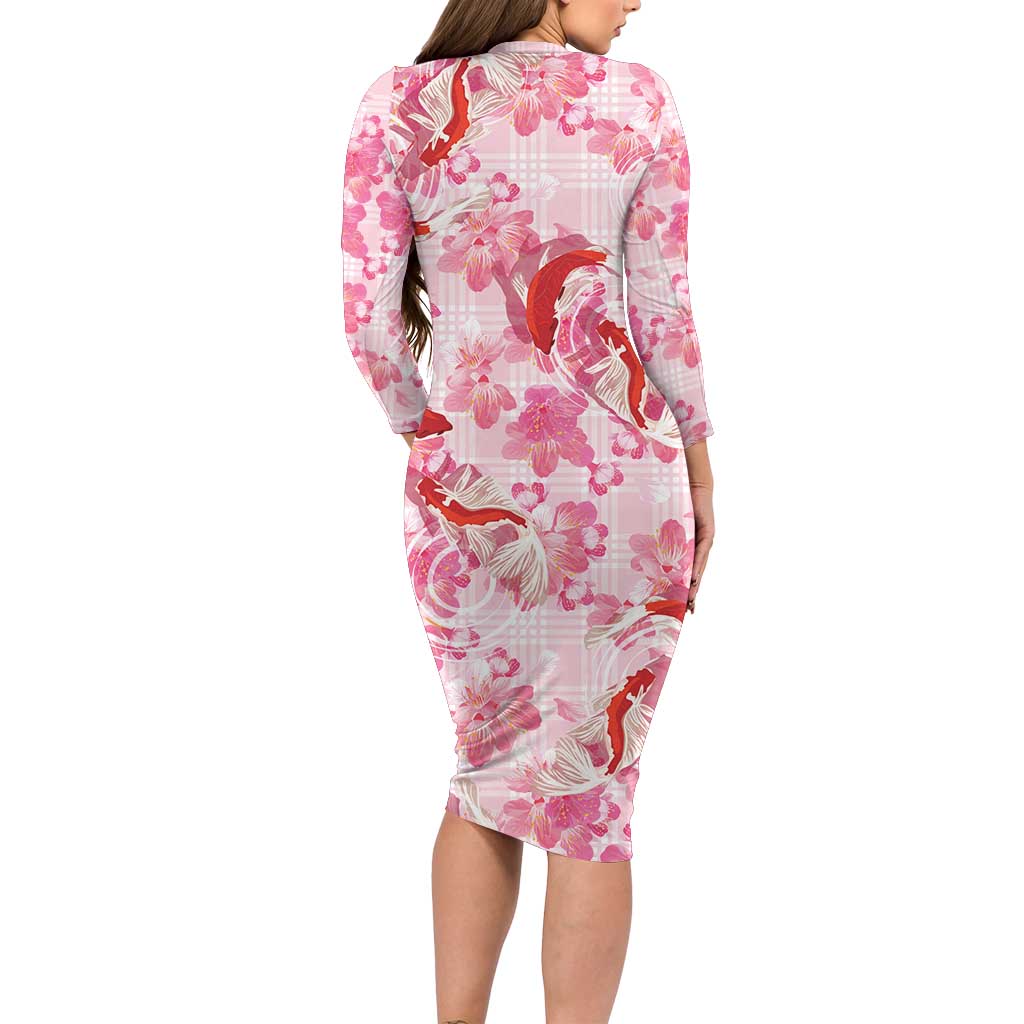 Pink Palaka Hawaii Aloha Family Matching Long Sleeve Bodycon Dress and Hawaiian Shirt Koi Pond Mix Sakura - Polynesian Pride