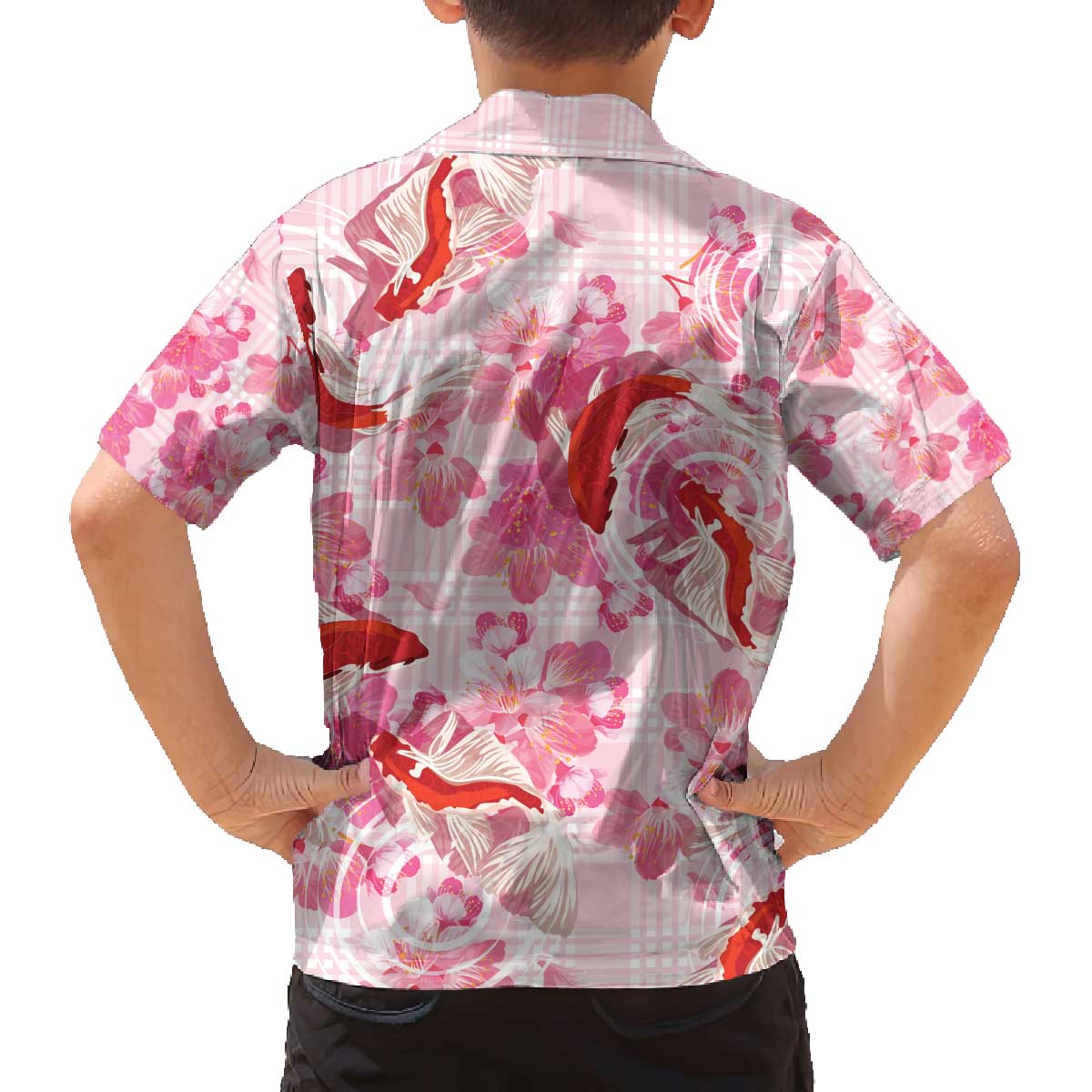 Pink Palaka Hawaii Aloha Family Matching Off The Shoulder Long Sleeve Dress and Hawaiian Shirt Koi Pond Mix Sakura - Polynesian Pride