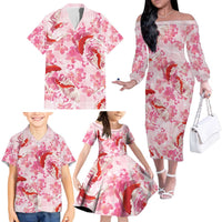 Pink Palaka Hawaii Aloha Family Matching Off The Shoulder Long Sleeve Dress and Hawaiian Shirt Koi Pond Mix Sakura - Polynesian Pride