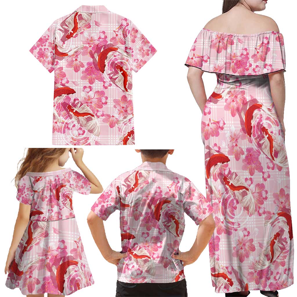 Pink Palaka Hawaii Aloha Family Matching Off Shoulder Maxi Dress and Hawaiian Shirt Koi Pond Mix Sakura - Polynesian Pride