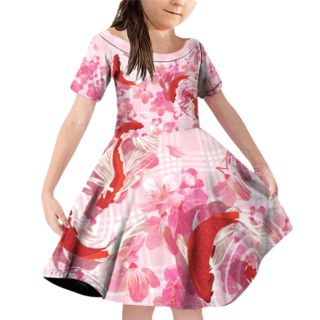 Pink Palaka Hawaii Aloha Family Matching Off Shoulder Short Dress and Hawaiian Shirt Koi Pond Mix Sakura - Polynesian Pride