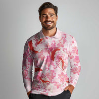 Pink Palaka Hawaii Aloha Long Sleeve Polo Shirt Koi Pond Mix Sakura - Polynesian Pride