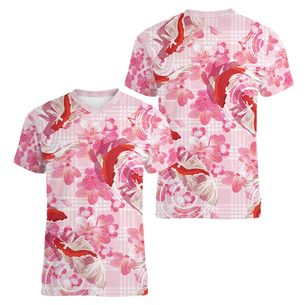 Pink Palaka Hawaii Aloha Women V-Neck T-Shirt Koi Pond Mix Sakura - Polynesian Pride