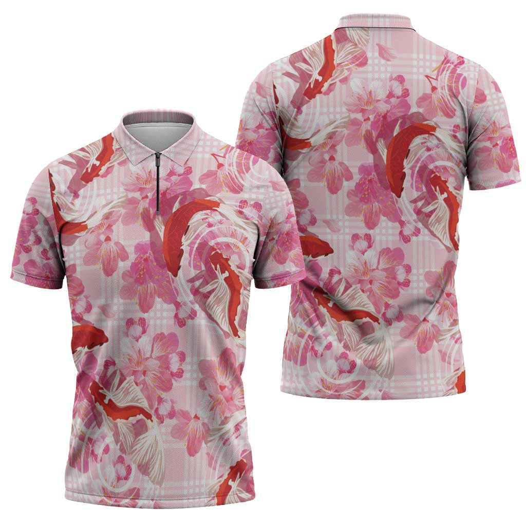 Pink Palaka Hawaii Aloha Zipper Polo Shirt Koi Pond Mix Sakura - Polynesian Pride