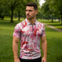 Pink Palaka Hawaii Aloha Zipper Polo Shirt Koi Pond Mix Sakura - Polynesian Pride
