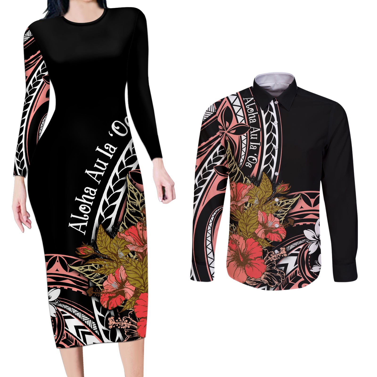 Hawaii Valentine Couples Matching Long Sleeve Bodycon Dress and Long Sleeve Button Shirt Plumeria Aloha Wau Ia Oe LT7 Pink - Polynesian Pride