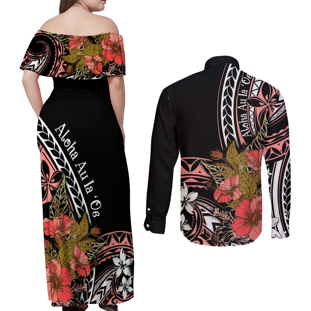 Hawaii Valentine Couples Matching Off Shoulder Maxi Dress and Long Sleeve Button Shirt Plumeria Aloha Wau Ia Oe LT7 - Polynesian Pride