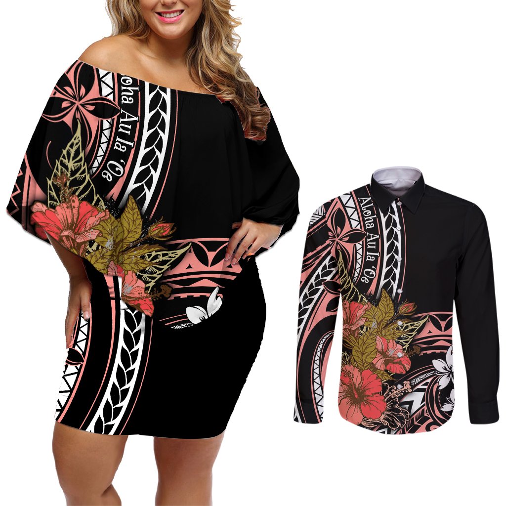 Hawaii Valentine Couples Matching Off Shoulder Short Dress and Long Sleeve Button Shirt Plumeria Aloha Wau Ia Oe LT7 Pink - Polynesian Pride
