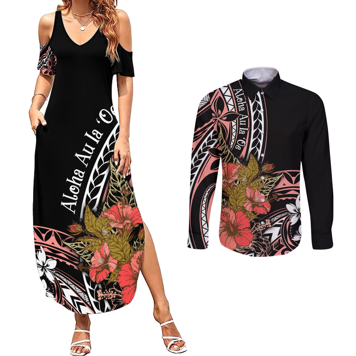 Hawaii Valentine Couples Matching Summer Maxi Dress and Long Sleeve Button Shirt Plumeria Aloha Wau Ia Oe LT7 Pink - Polynesian Pride