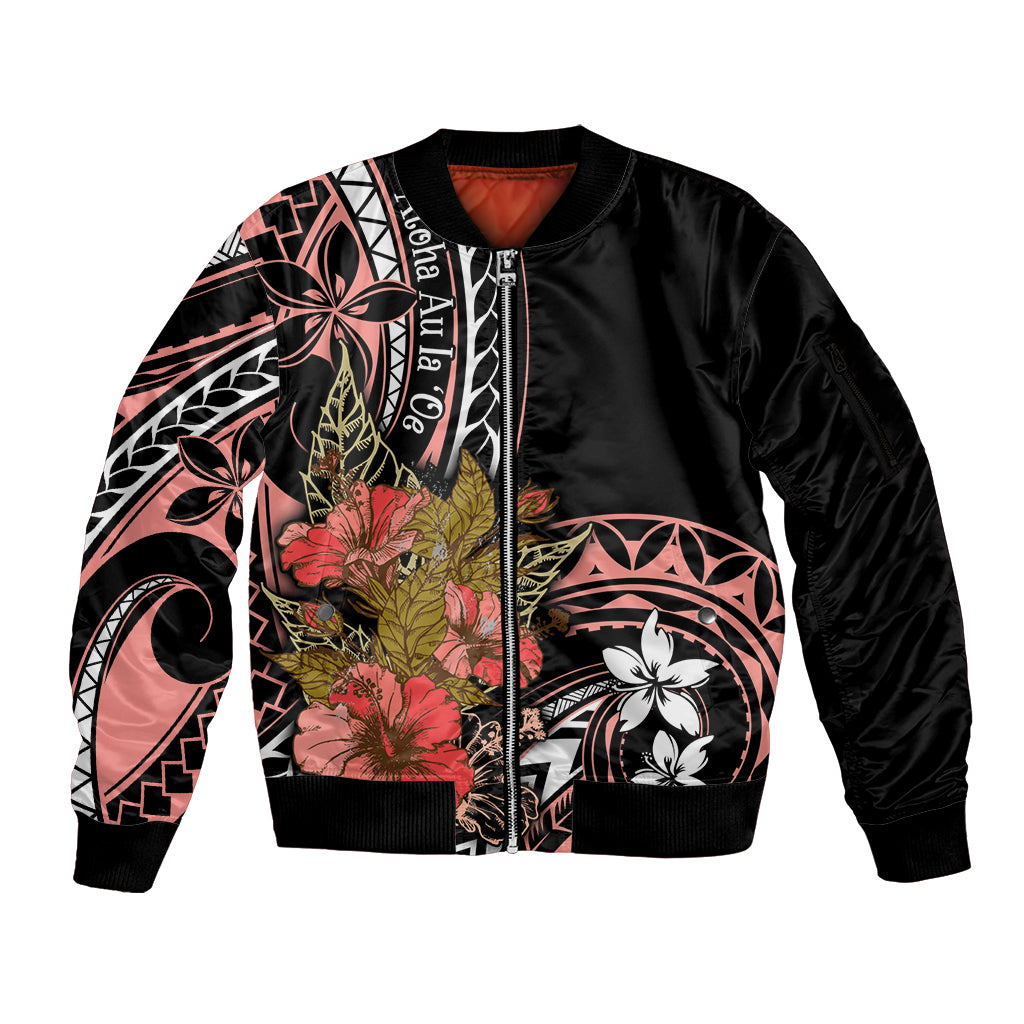 Hawaii Valentine Sleeve Zip Bomber Jacket Plumeria Aloha Wau Ia Oe LT7 Unisex Pink - Polynesian Pride