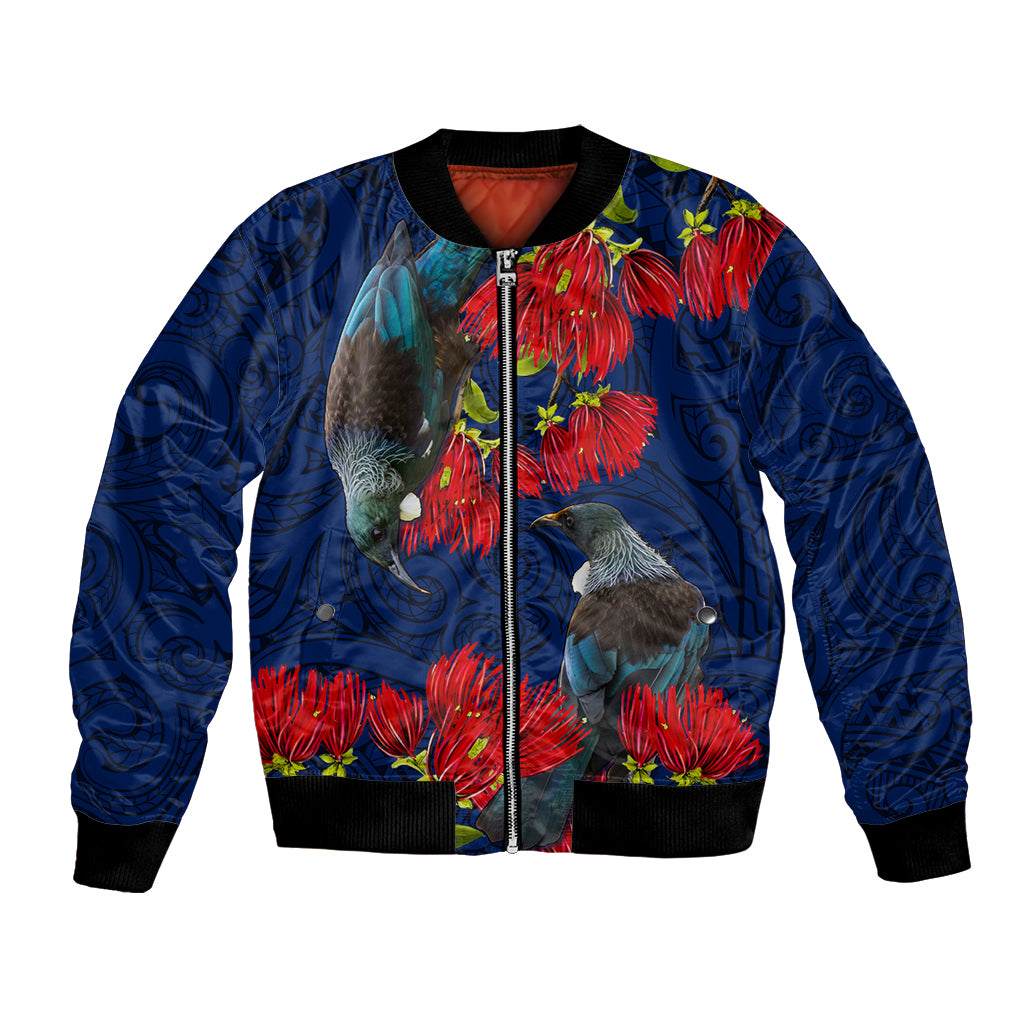 New Zealand Bomber Jacket Tui Couple with Pohutukawa LT7 Unisex Blue - Polynesian Pride