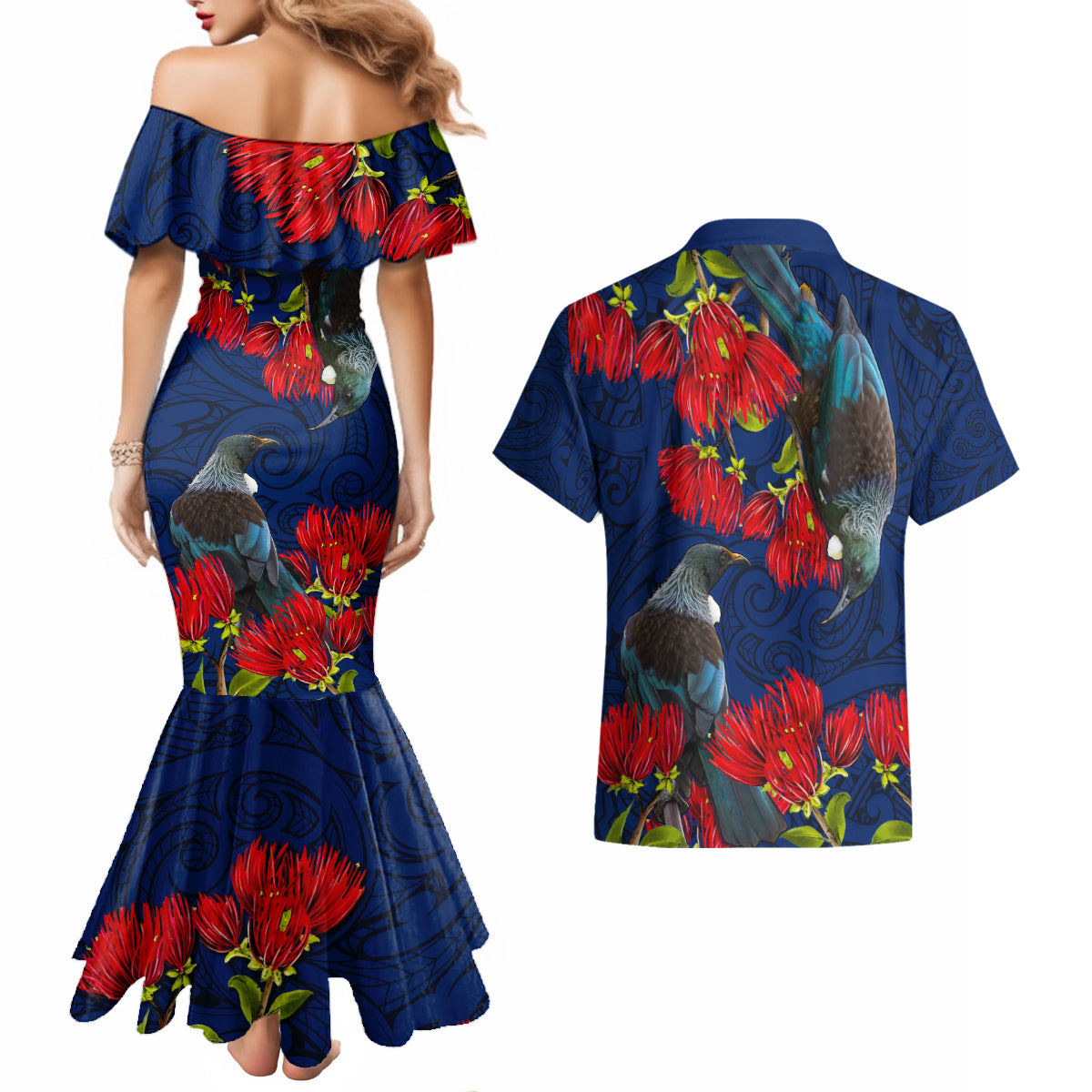 New Zealand Couples Matching Mermaid Dress and Hawaiian Shirt Tui Couple with Pohutukawa LT7 - Polynesian Pride