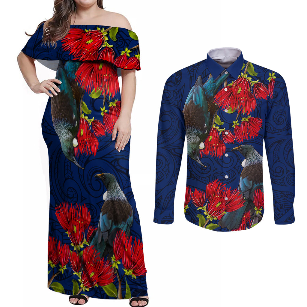 New Zealand Couples Matching Off Shoulder Maxi Dress and Long Sleeve Button Shirt Tui Couple with Pohutukawa LT7 Blue - Polynesian Pride