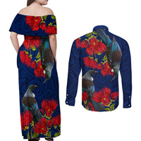 New Zealand Couples Matching Off Shoulder Maxi Dress and Long Sleeve Button Shirt Tui Couple with Pohutukawa LT7 - Polynesian Pride