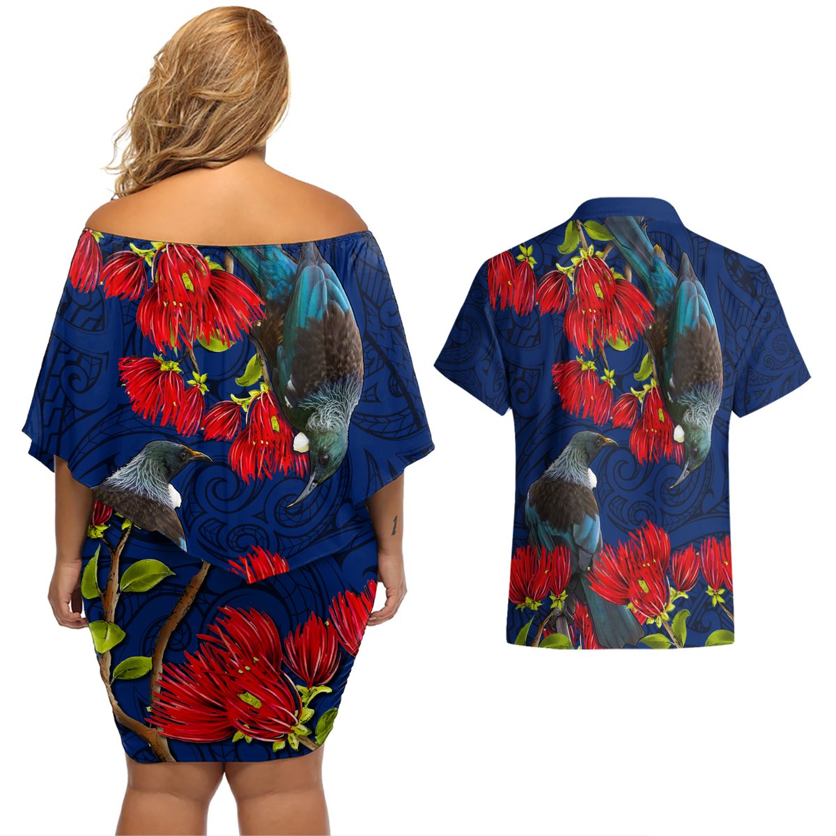 New Zealand Couples Matching Off Shoulder Short Dress and Hawaiian Shirt Tui Couple with Pohutukawa LT7 - Polynesian Pride