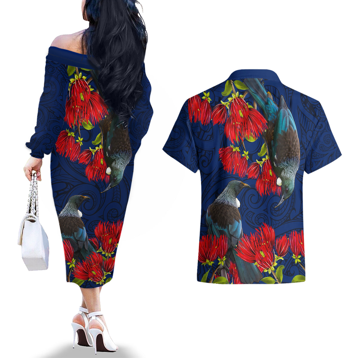New Zealand Couples Matching Off The Shoulder Long Sleeve Dress and Hawaiian Shirt Tui Couple with Pohutukawa LT7 - Polynesian Pride