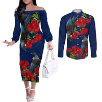 New Zealand Couples Matching Off The Shoulder Long Sleeve Dress and Long Sleeve Button Shirt Tui Couple with Pohutukawa LT7 Blue - Polynesian Pride