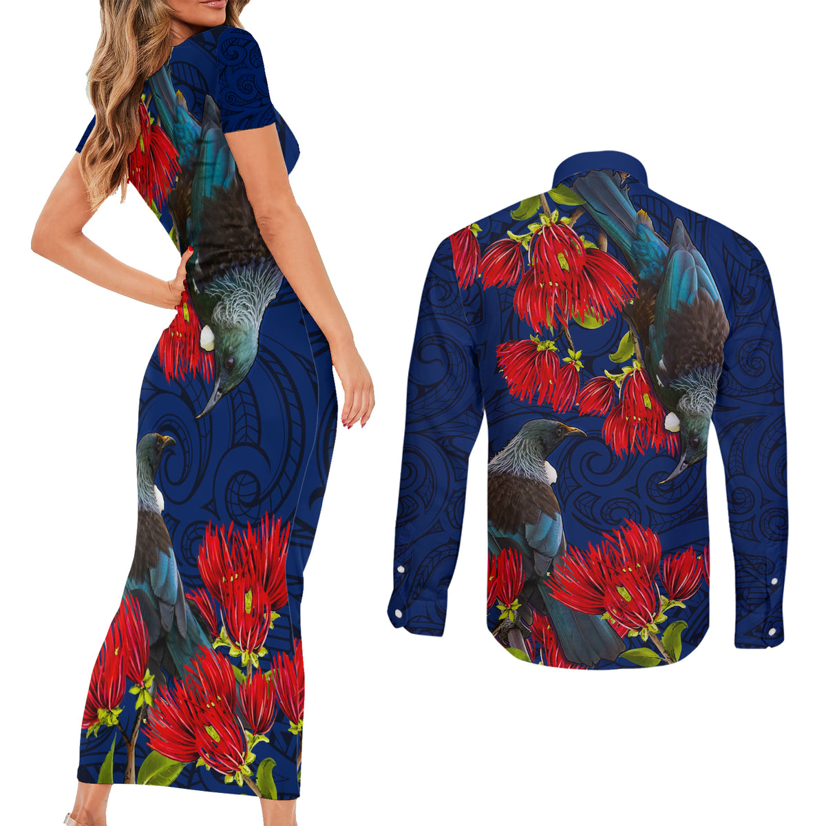 New Zealand Couples Matching Short Sleeve Bodycon Dress and Long Sleeve Button Shirt Tui Couple with Pohutukawa LT7 - Polynesian Pride