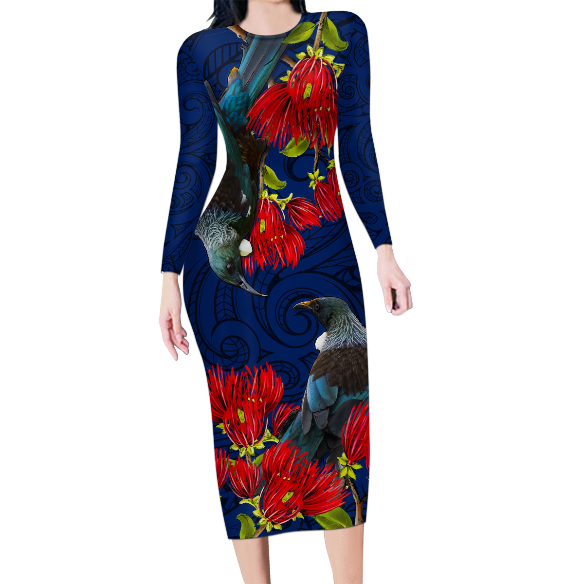 New Zealand Family Matching Long Sleeve Bodycon Dress and Hawaiian Shirt Tui Couple with Pohutukawa LT7 Mom's Dress Blue - Polynesian Pride