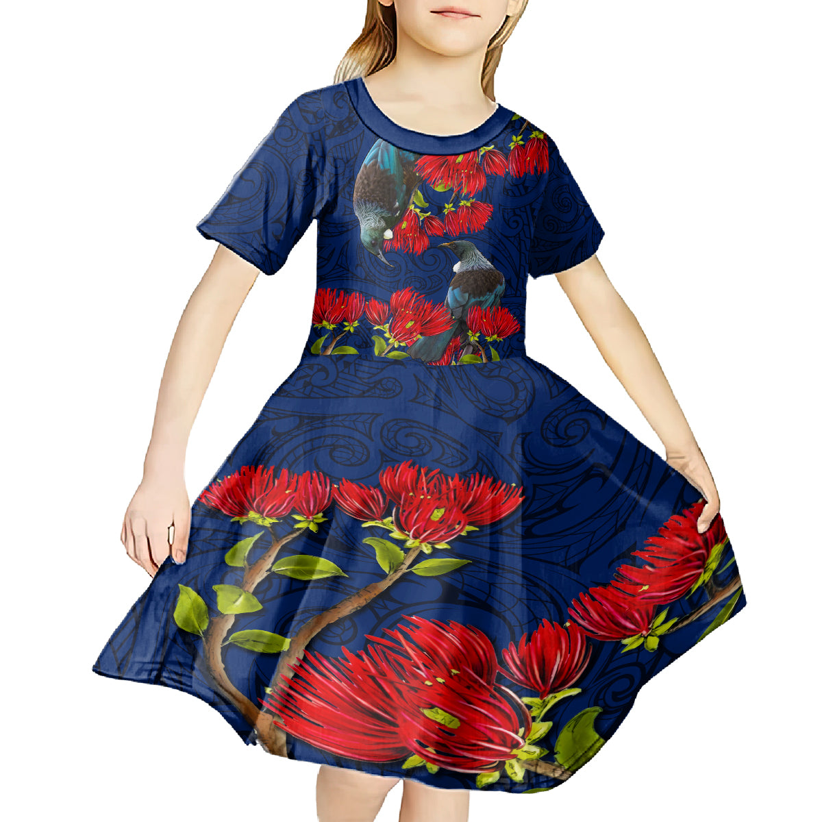 New Zealand Kid Short Sleeve Dress Tui Couple with Pohutukawa LT7 - Polynesian Pride