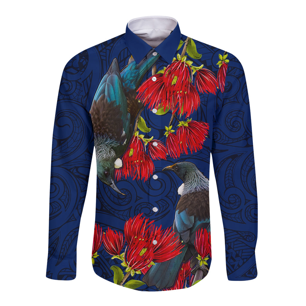New Zealand Long Sleeve Button Shirt Tui Couple with Pohutukawa LT7 Unisex Blue - Polynesian Pride