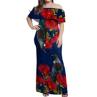 New Zealand Off Shoulder Maxi Dress Tui Couple with Pohutukawa LT7 Women Blue - Polynesian Pride