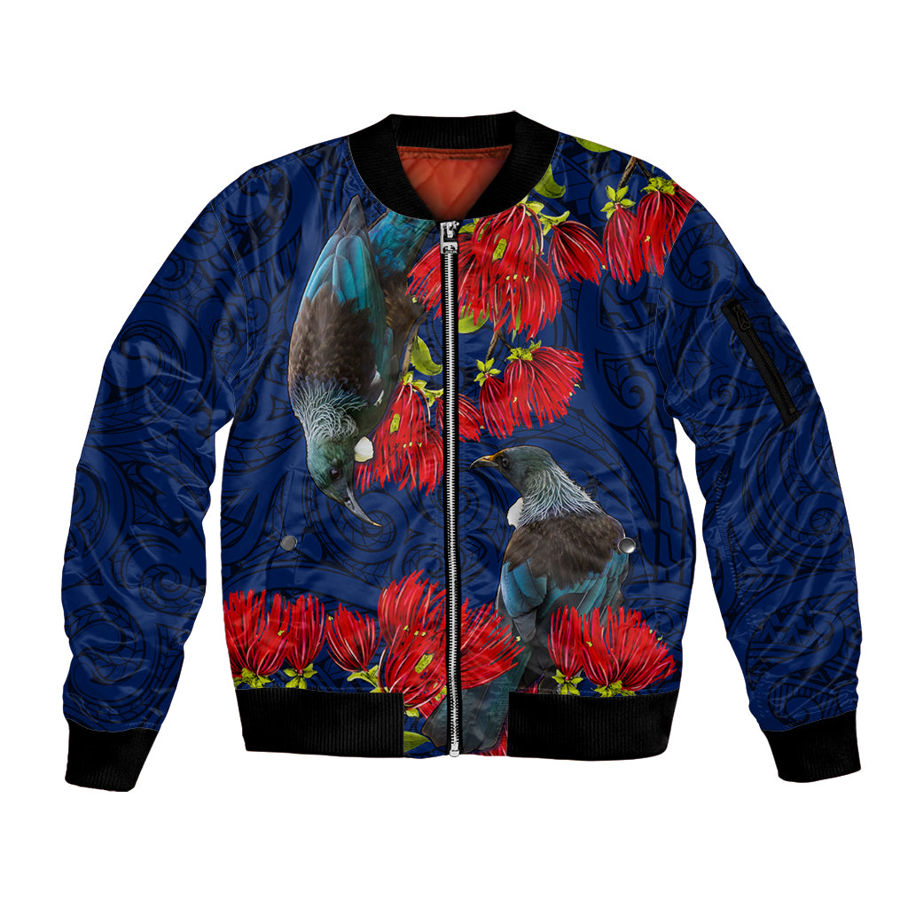 New Zealand Sleeve Zip Bomber Jacket Tui Couple with Pohutukawa LT7 Unisex Blue - Polynesian Pride