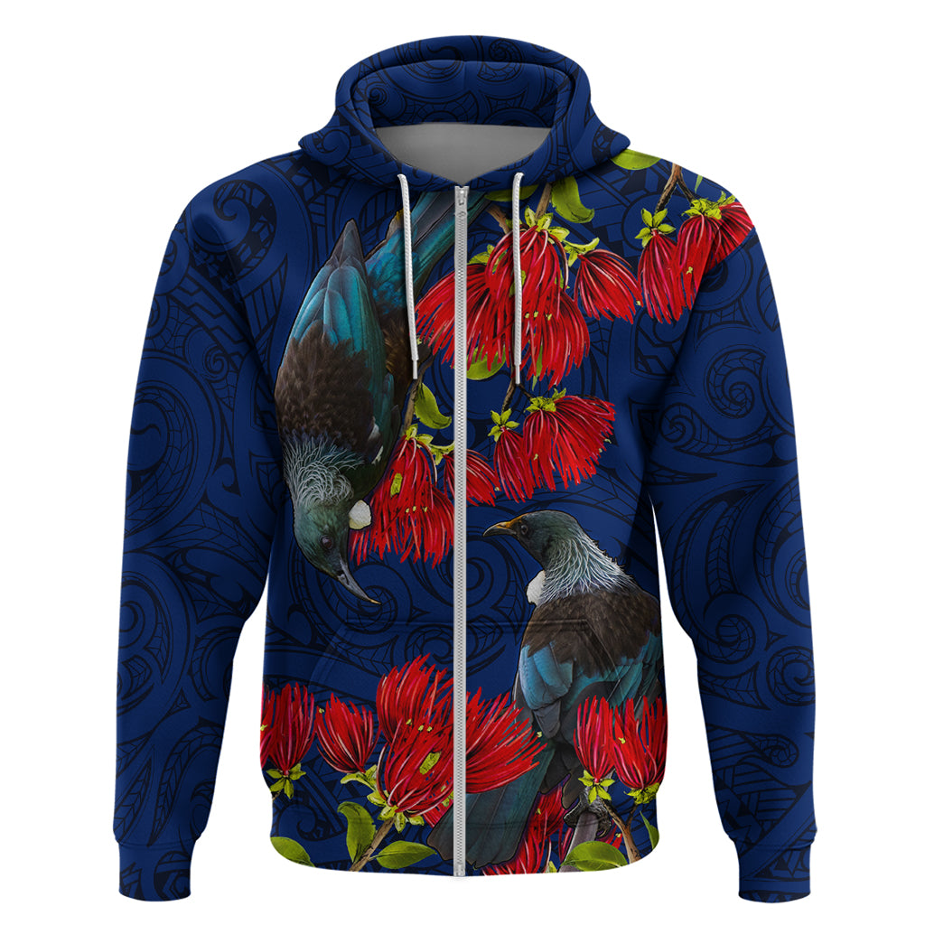 New Zealand Zip Hoodie Tui Couple with Pohutukawa LT7 Zip Hoodie Blue - Polynesian Pride