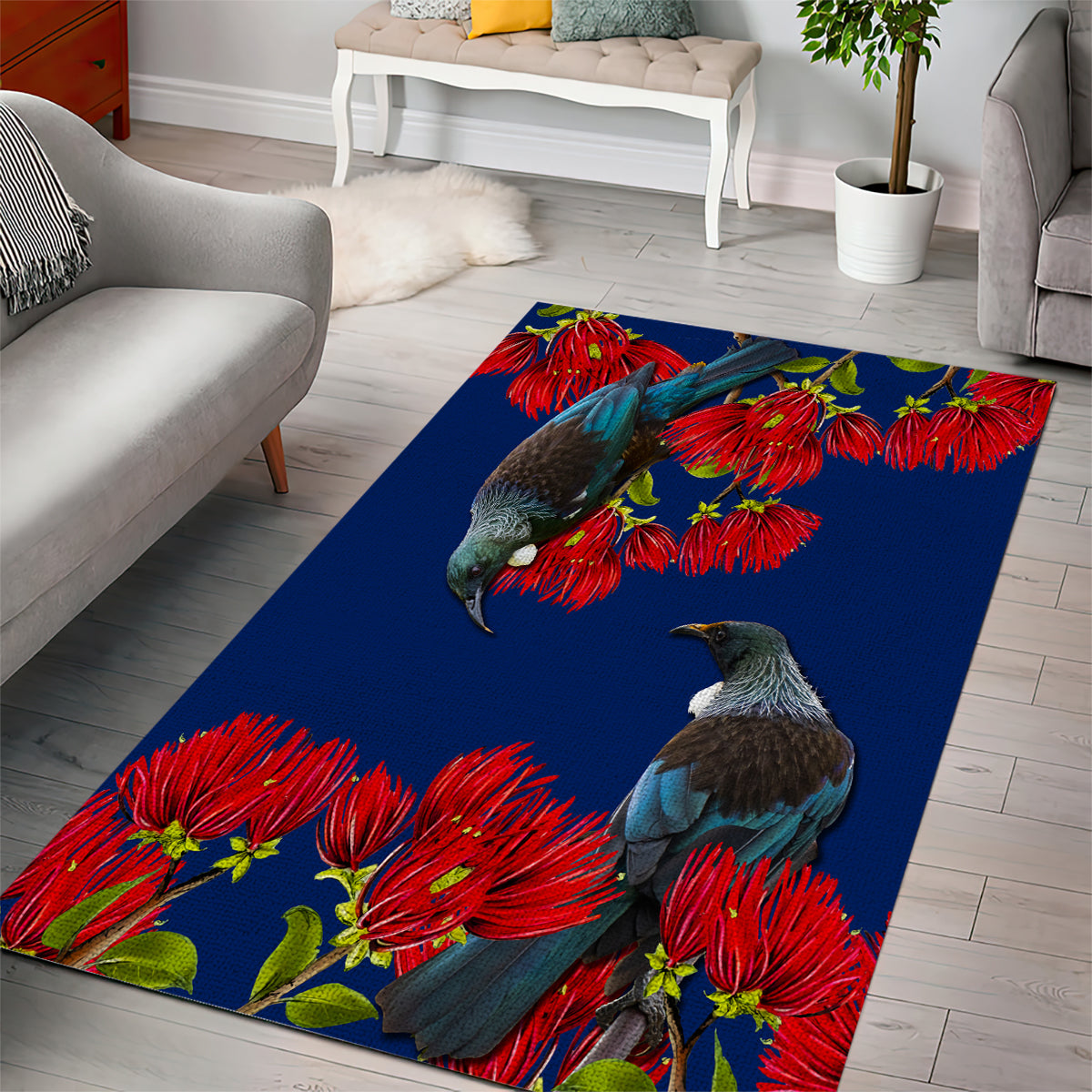 New Zealand Pohutukawa with Tui Birds Area Rug Version 2 LT7 - Polynesian Pride