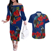 New Zealand Pohutukawa with Tui Birds Couples Matching Off The Shoulder Long Sleeve Dress and Hawaiian Shirt Version 2 LT7 Blue - Polynesian Pride