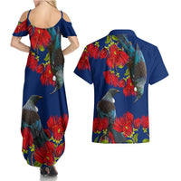 New Zealand Pohutukawa with Tui Birds Couples Matching Summer Maxi Dress and Hawaiian Shirt Version 2 LT7 - Polynesian Pride