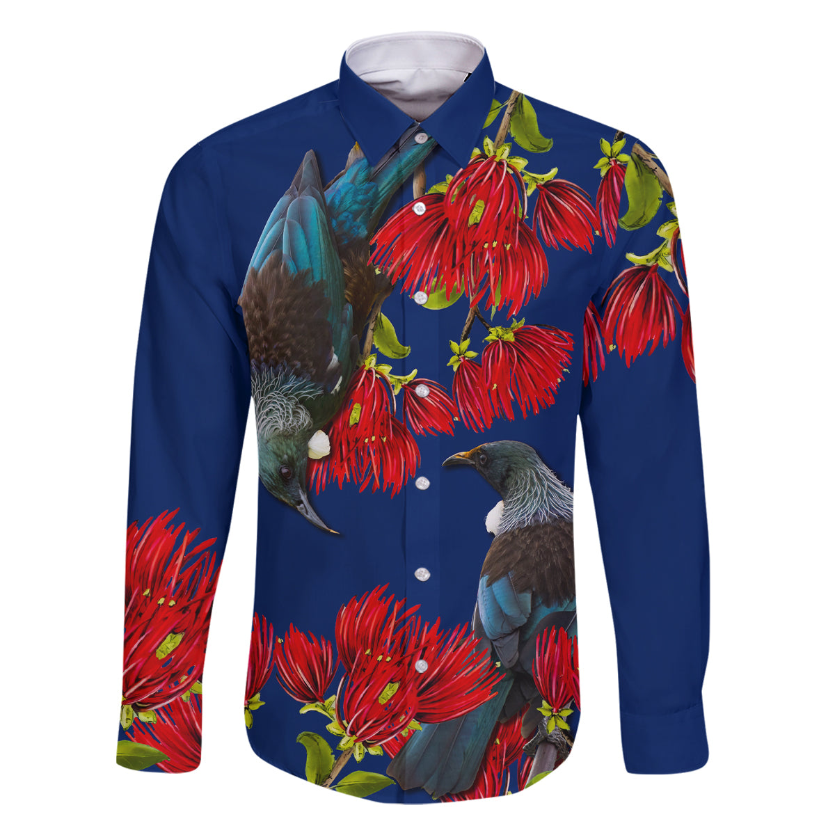 New Zealand Pohutukawa with Tui Birds Family Matching Off Shoulder Short Dress and Hawaiian Shirt Version 2 LT7 Dad's Shirt - Long Sleeve Blue - Polynesian Pride